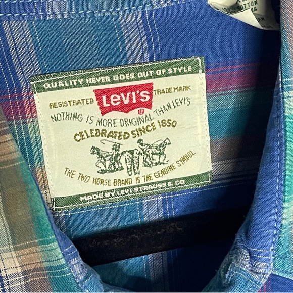 Levi’s Vintage 1990s Plaid Button Down Size XL Shirt Blue Green Authentic Levi - Picture 3 of 11